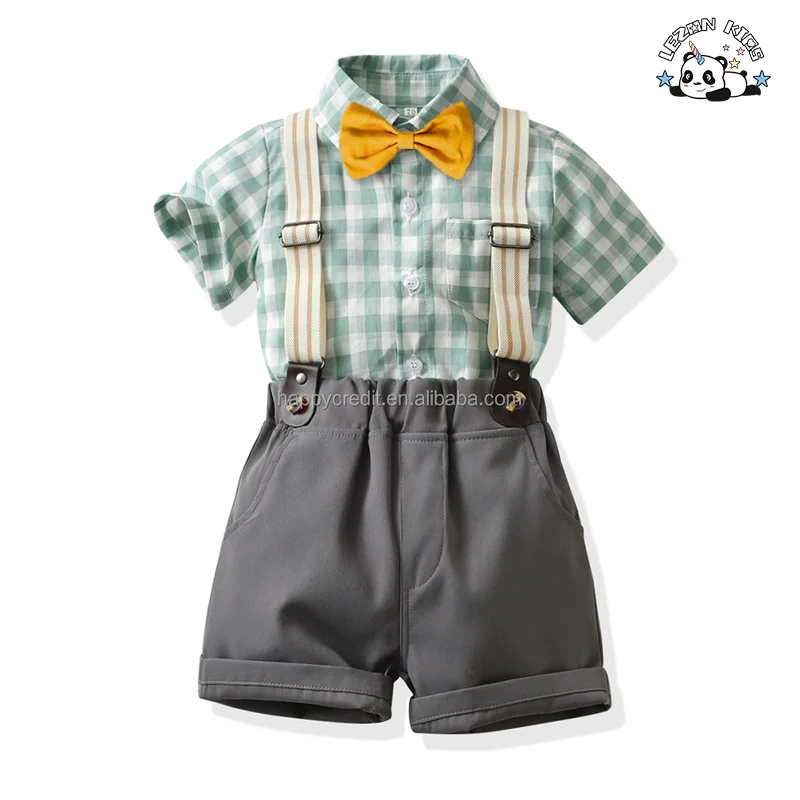 LEZONKIDS - Customizable Children's Plaid Vest Dress Bow Knot Spring short Sleeve Cotton Shirt Boys clothing sets 2-14 years